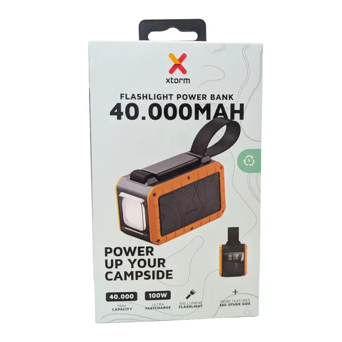 Packaging front for Xtorm XR204 Rugged Pro Water Resistant Power Bank Torch shown on a white background