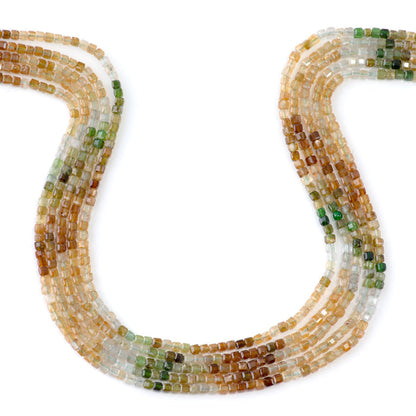 This is a Dakota Stones 3mm Yellow Green Tourmaline Banded Gemstone strand with A grade table-cut cube beads in 15-16 inch strand.