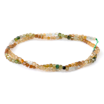 This is a Dakota Stones 3mm Yellow Green Tourmaline Banded Gemstone strand with A grade table-cut cube beads in 15-16 inch strand.