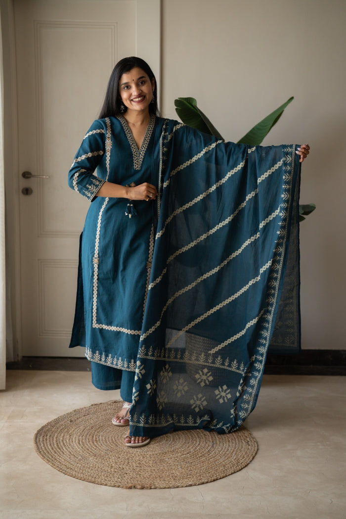 Yogya Elegant Slub Suit- Teal Blue