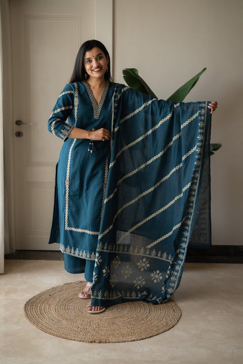 Yogya Elegant Slub Suit- Teal Blue