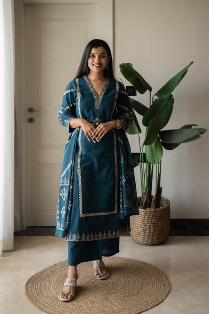 Yogya Elegant Slub Suit- Teal Blue