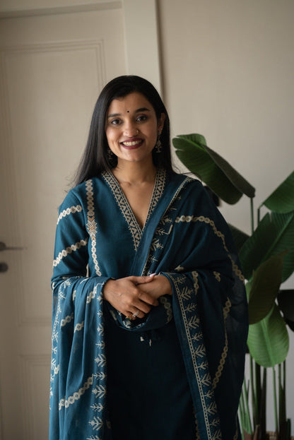 Yogya Elegant Slub Suit- Teal Blue