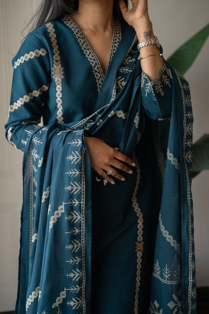 Yogya Elegant Slub Suit- Teal Blue
