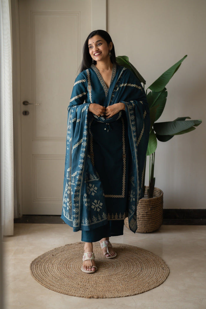 Yogya Elegant Slub Suit- Teal Blue