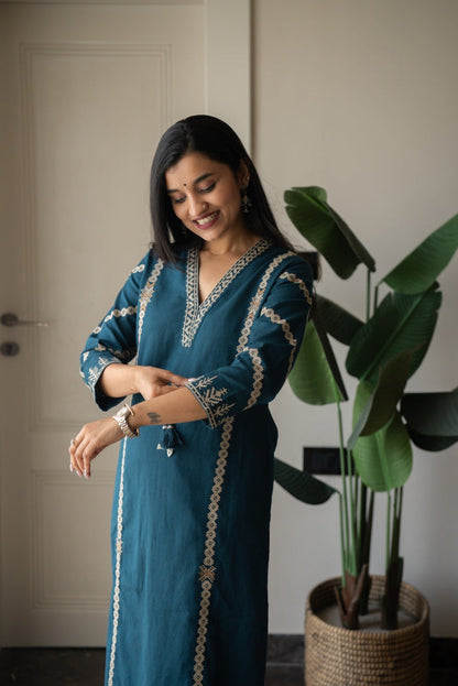 Yogya Elegant Slub Suit- Teal Blue