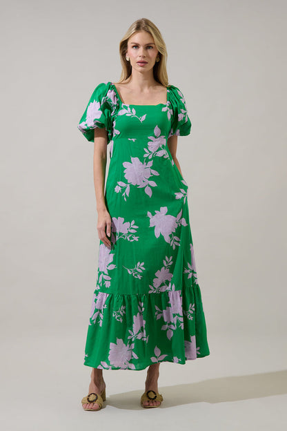 Zama Floral Xena Puff Sleeve Maxi Dress