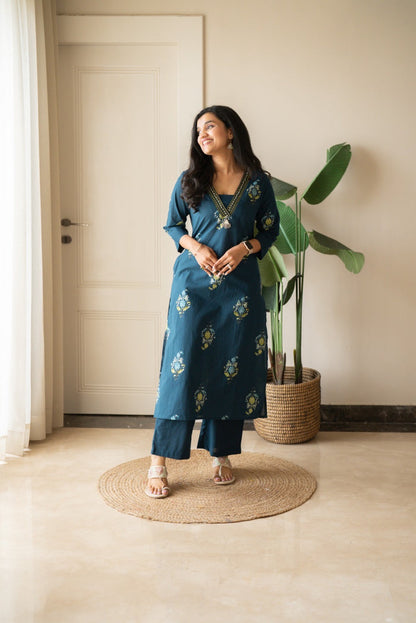 Zasha Cotton Suit- Teal Boota