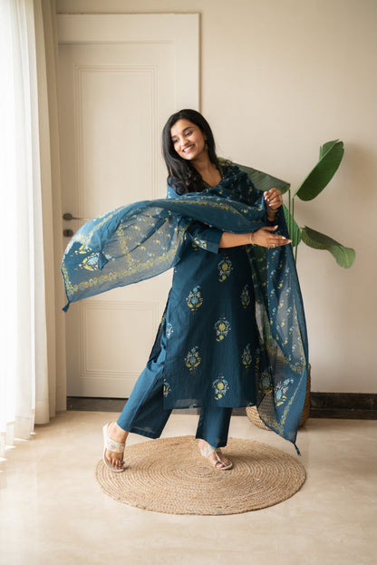 Zasha Cotton Suit- Teal Boota